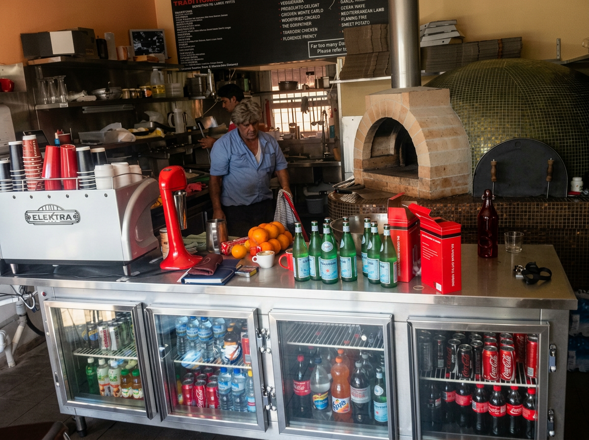 Stainless food-service counter in a working commercial venue